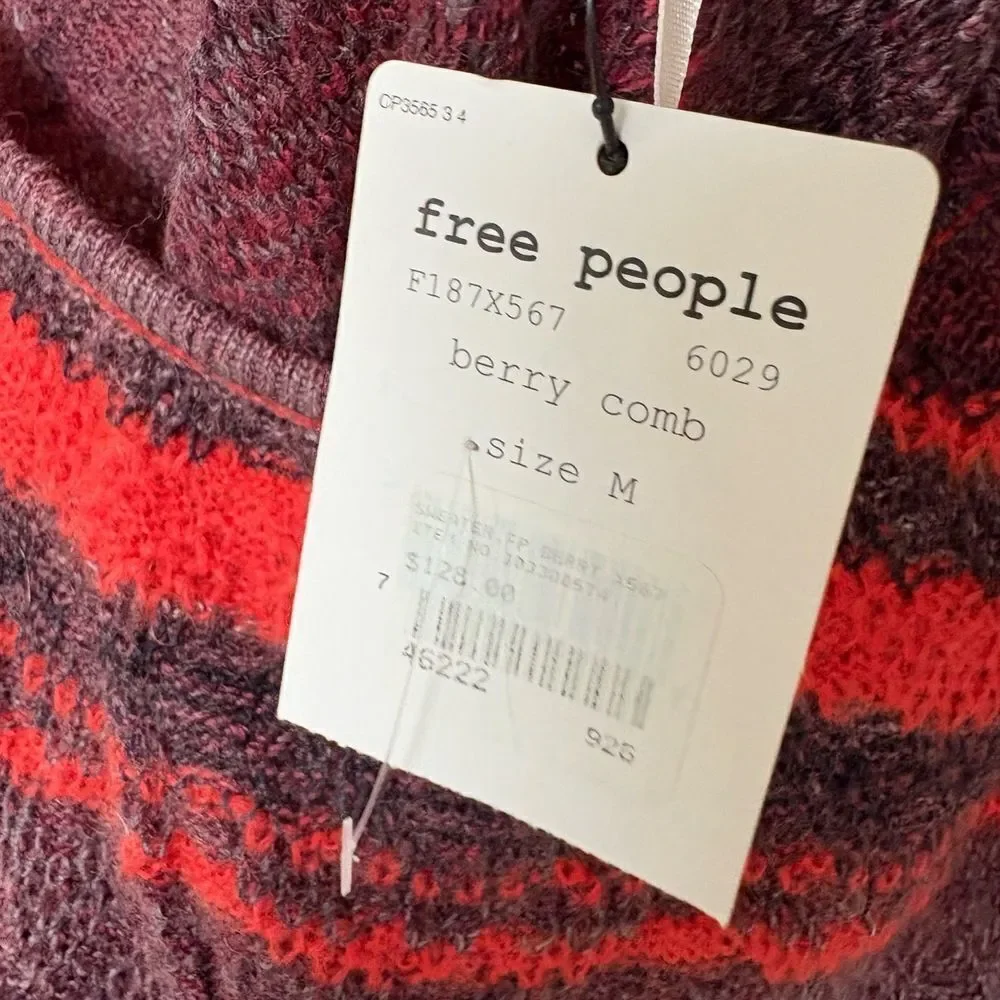Free People Wool Blend Dress Size M Berry Combo Knit Stripe Scoop Neck Boho Cozy